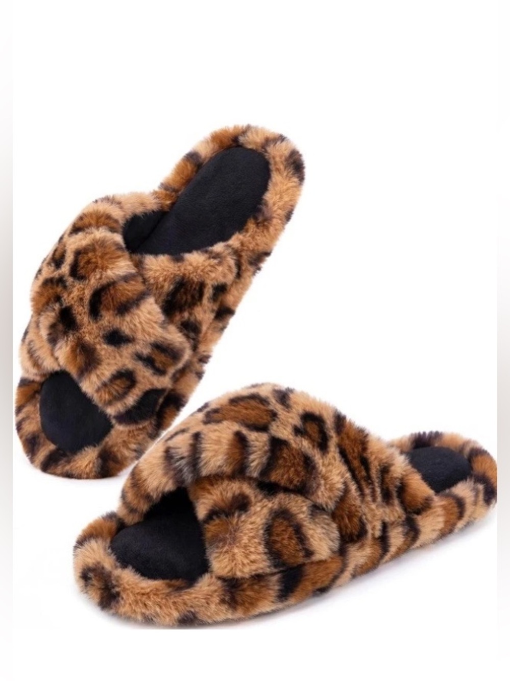 Women’s 7-8 Leopard Slippers Memory Foam Cross Band Fuzzy Open Cozy House Shoes